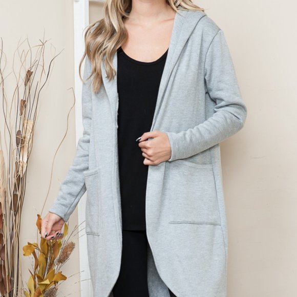 BRUSH HOODED OPEN CARDIGAN WITH SIDE POCKETS - Picture 2 of 5